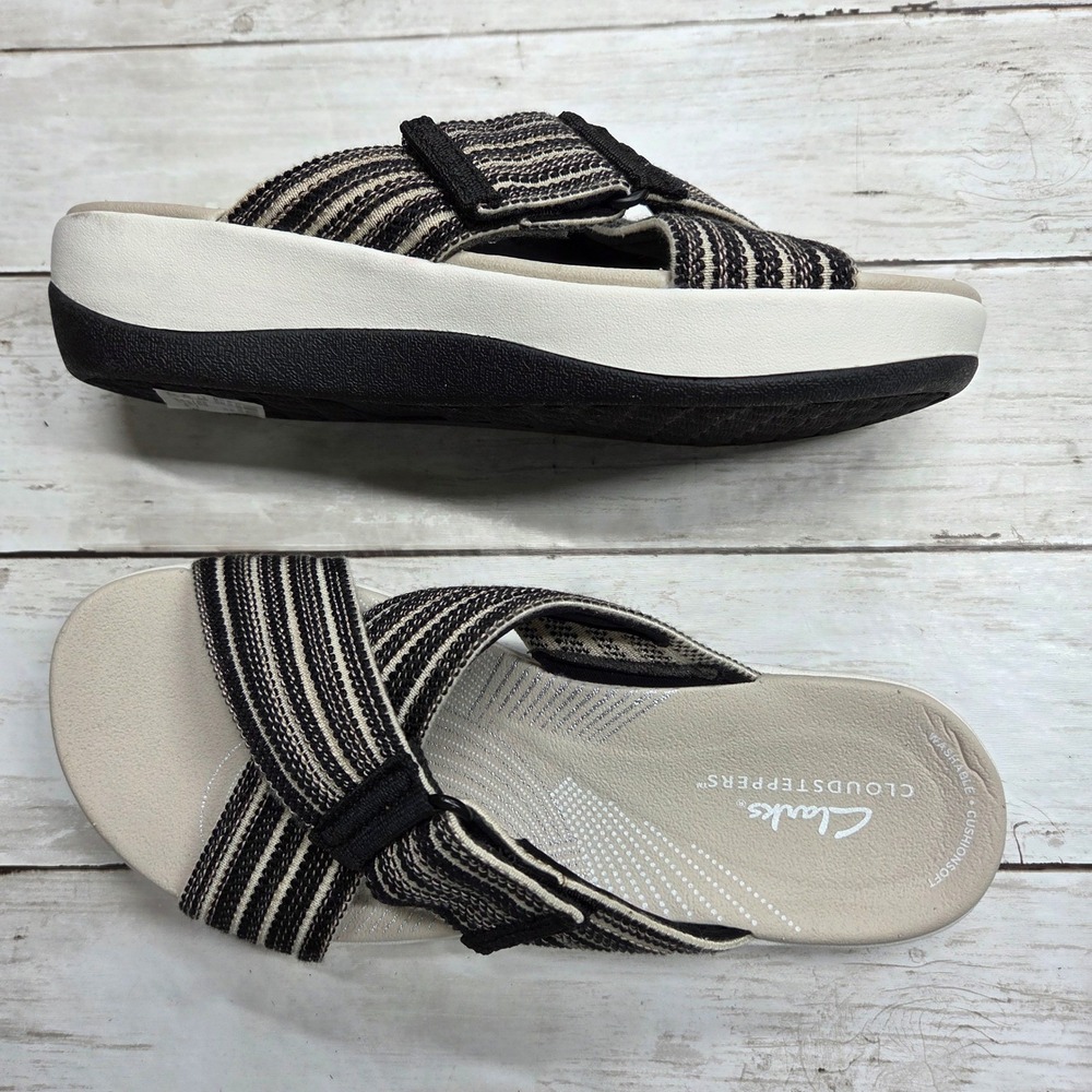 Clarks Cloudsteppers Arla Kaylie Slide Sandals Women 7 Blk Cream Striped Comfort